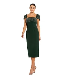 Mac Duggal Women's Crepe Embellished Cap Sleeve Fitted Midi Dress