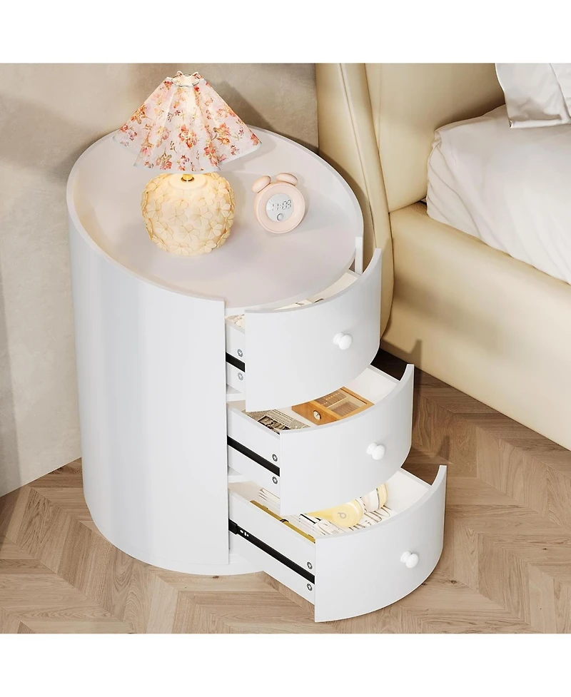 Tribesigns White Round Nightstand, Wood Bed Side Table with 3 Drawers, Fully Assembled