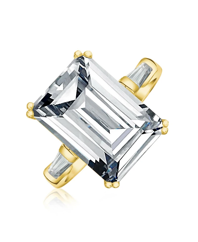 Bling Jewelry Art Deco 10CT Solitaire Emerald-Cut Cz Cubic Zirconia Promise Ring Baguette Accents Gold Plated Silver