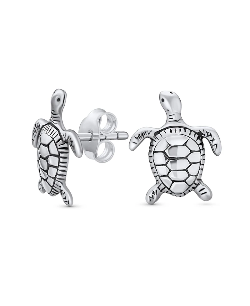 Bling Jewelry Tropical Beach-Inspired Sea Turtle Green Jade Pendant Necklace & Stud Earrings Jewelry Set Oxidized Sterling Silver