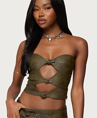 Edikted Women's Varley Buckle Cutout Faux Leather Top