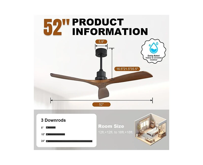 Sofucor 52-inch Modern Black 3-Blade Light Ceiling Fan with Remote Control and Supporting Mobile Device Connection