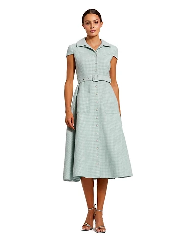 Mac Duggal Women's Belted Boucle Cap Sleeve Button Up Midi Dress