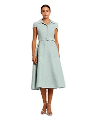 Mac Duggal Women's Belted Boucle Cap Sleeve Button Up Midi Dress