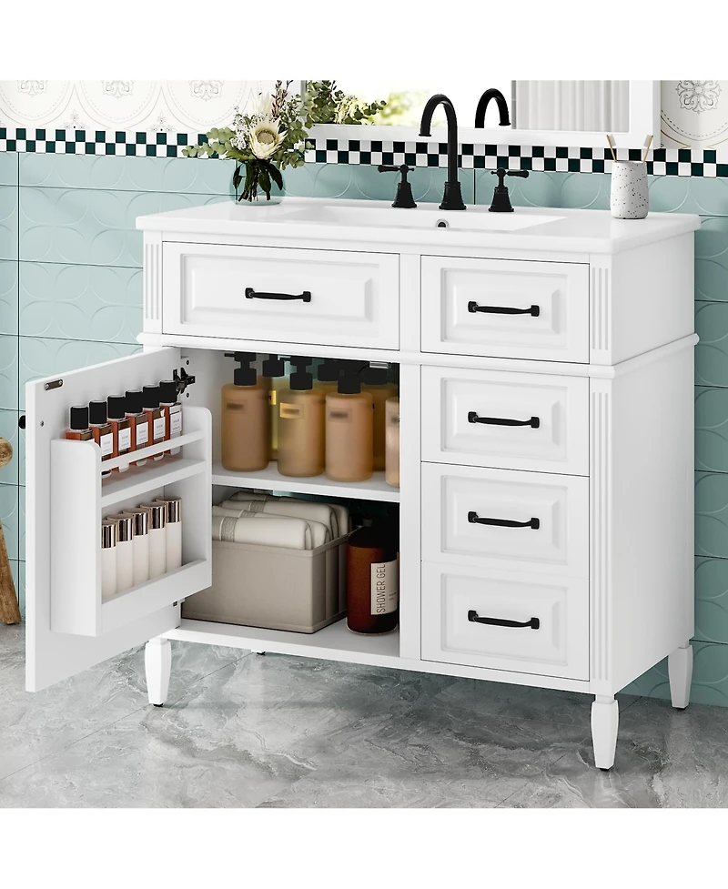Casainc Bathroom Vanity with Ceramic Sink Solid Wood Frame and Flip Drawer