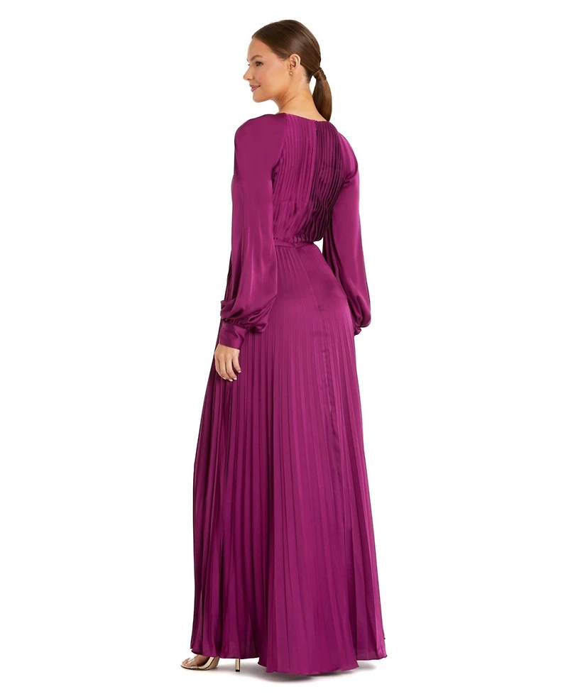 Mac Duggal Women's Ieena Long Sleeve Pleated High Neck Gown