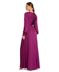 Mac Duggal Women's Ieena Long Sleeve Pleated High Neck Gown