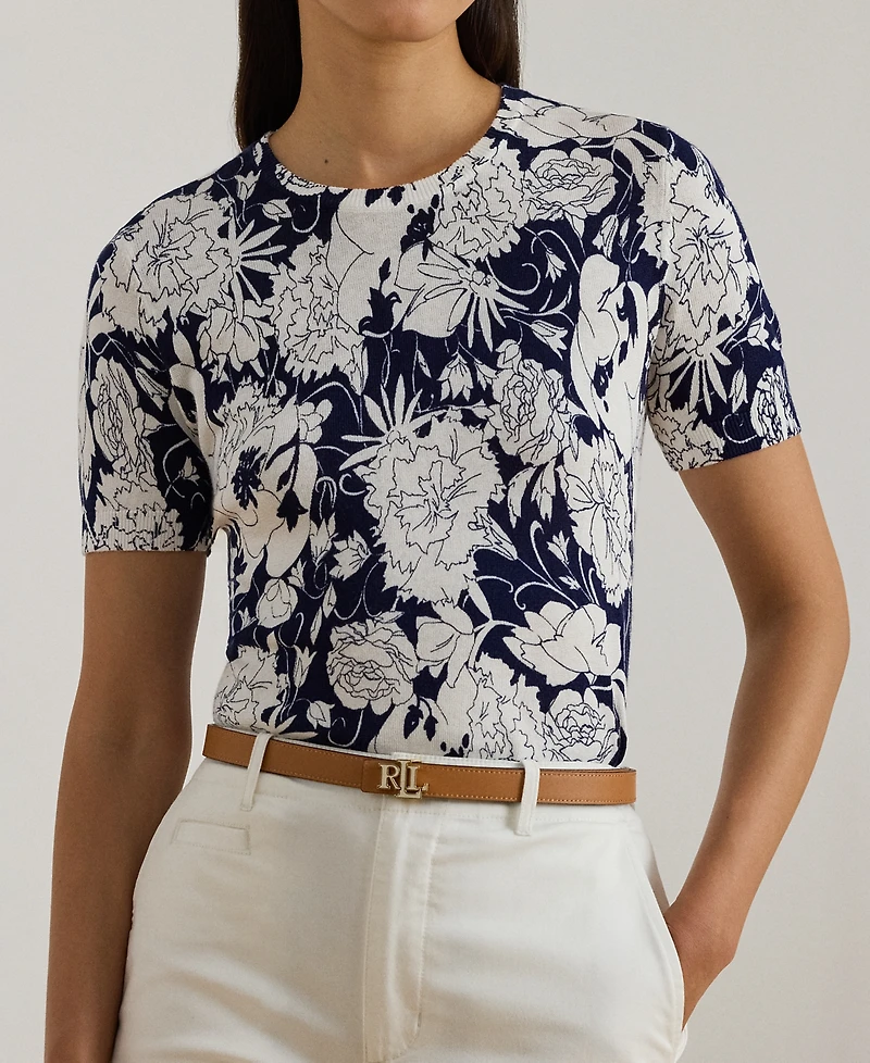 Lauren Ralph Petite Floral Print Crewneck Sweater