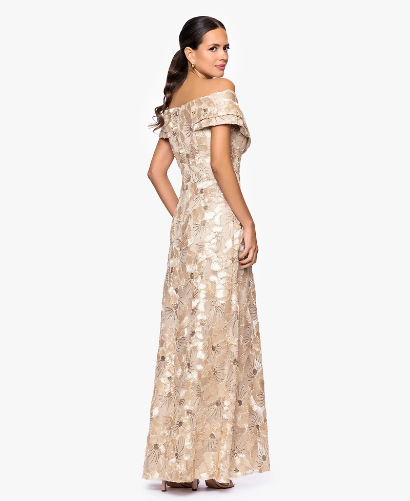 Betsy & Adam Petite Off-The-Shoulder A-Line Long Gown