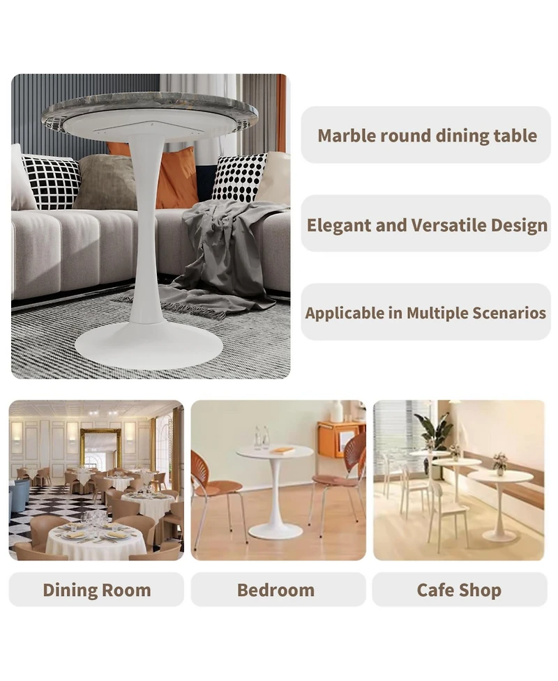 Streamdale Furniture 27.6" White Mid-Century Modern Dining Table with Round Marble Top