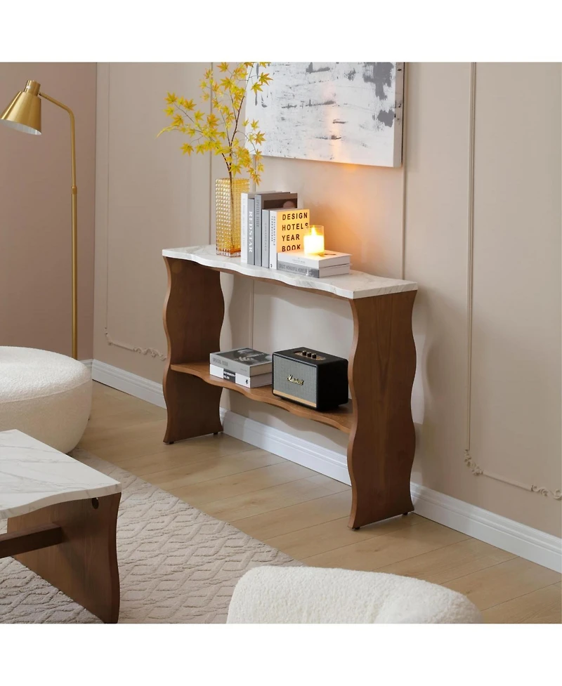Streamdale Furniture Whisper of Waves Modern Console Table w/ White Marble-Pattern Top, Walnut Brown