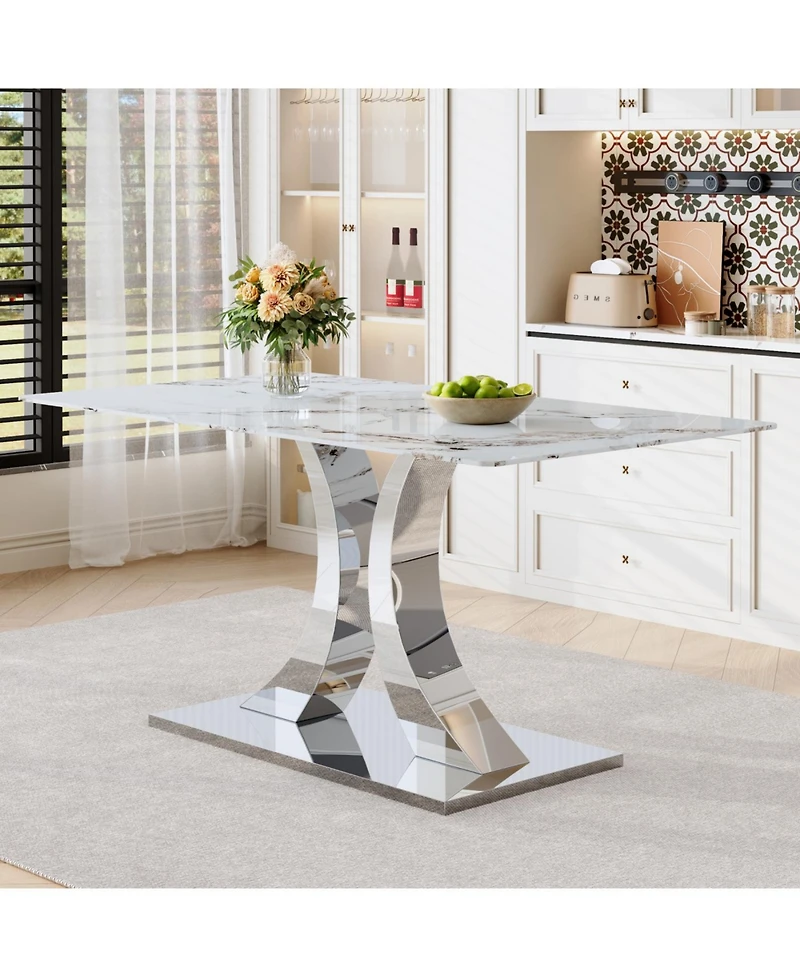 Streamdale Furniture Streamdale Transformable Stainless Steel Dining Table - White Glass Top, 63"x35
