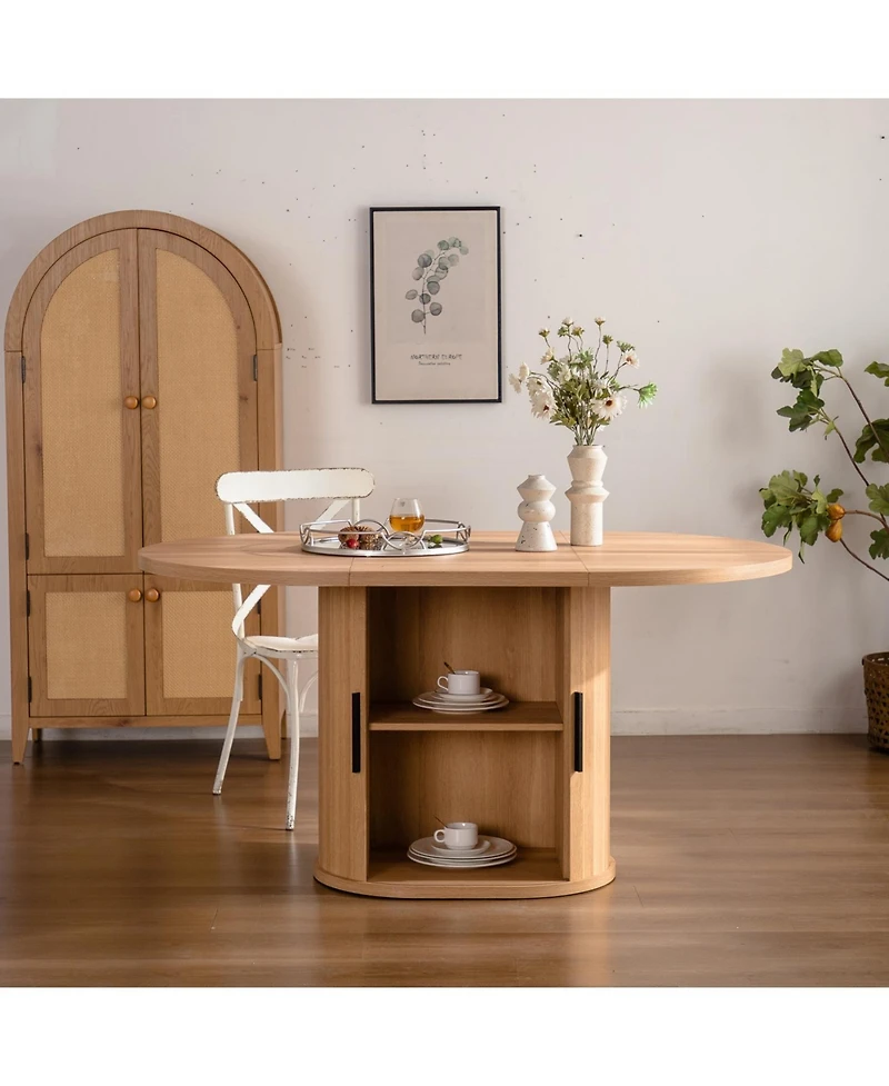 Streamdale Furniture 59 Inch Oval Dining Table for 4-6 with 2-Layer Storage Shelf and Wood Slide Door