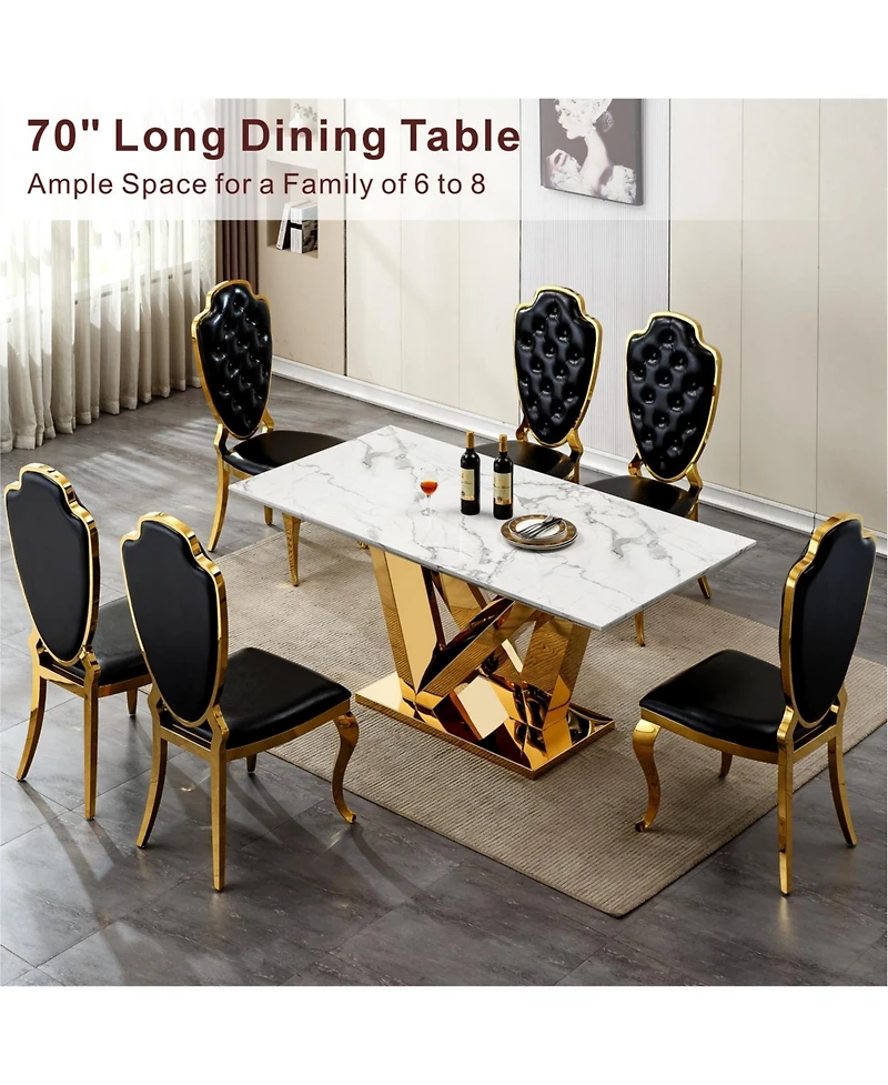 Streamdale Furniture Marble Dining Table for 6, 70" Faux Marble Rectangle Table with Gold Stainless Steel Base