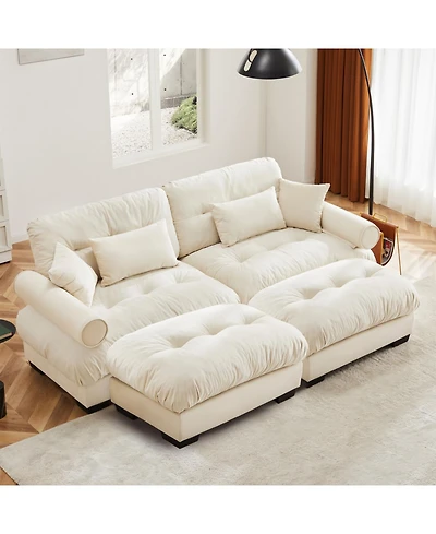 Streamdale Furniture Oversized Modern Velvet Two-Seater Sofa with Ottoman, Cream