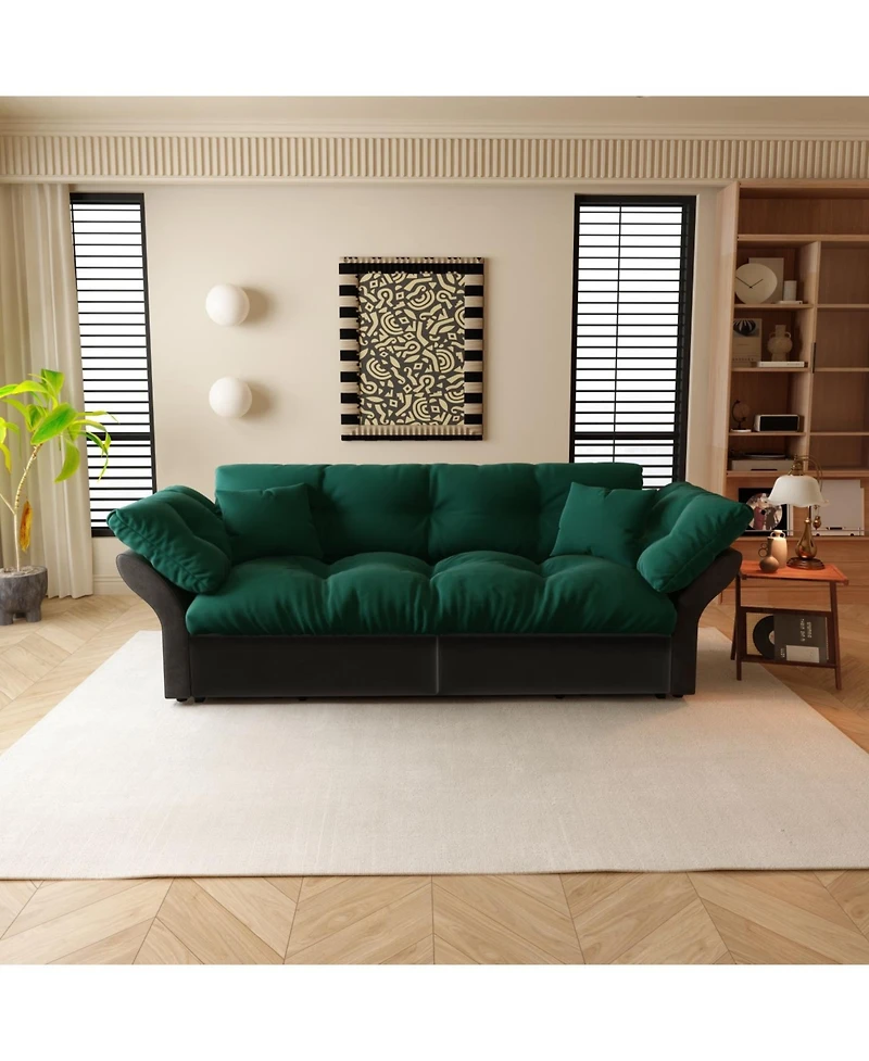 Streamdale Furniture 74.8" Queen Pull Out Sofa Bed, 3-in-1 Convertible Sleeper Tufted Sofa with 2 Pillows, Green