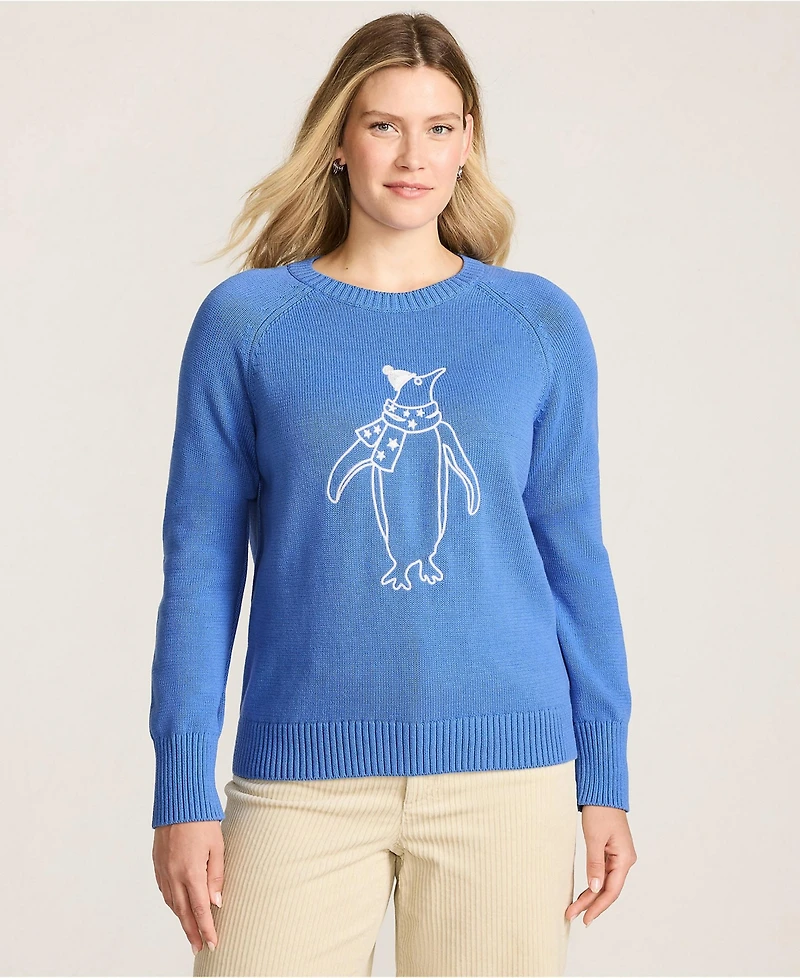 Lands' End Women's Drifter Embroidered Raglan Crew Neck Sweater
