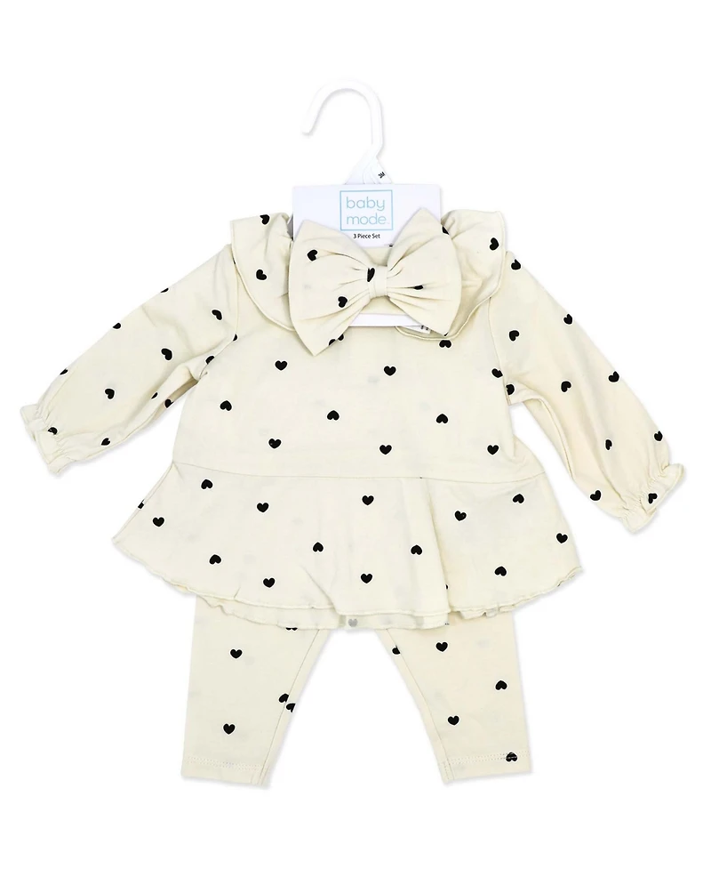 Baby Mode Girls' Tiny Hearts Print Top, Leggings and Headband, 3-Piece Set
