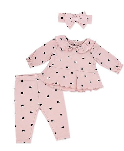 Baby Mode Girls' Tiny Bows Print Top, Leggings and Headband, 3-Piece Set