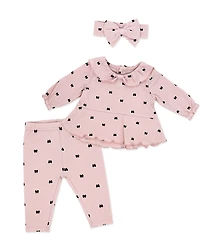 Baby Mode Girls' Tiny Bows Print Top, Leggings and Headband, 3-Piece Set