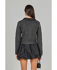 endless rose Women's Knit Jewel Trim Collared Sweater