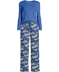 Lands' End Women's Tall Pajama Gift Set - Knit Long Sleeve Top and Flannel Pants