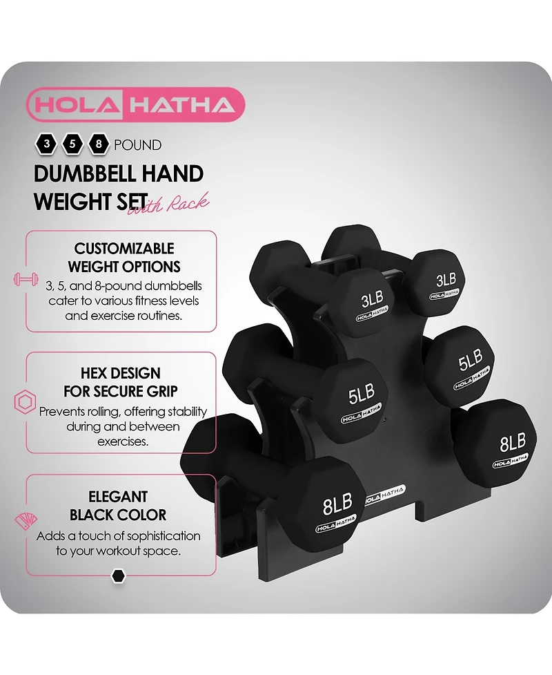 HolaHatha 3, 5 & 8 Pound Hex Dumbbell Hand Weight Set with Storage Rack, Black