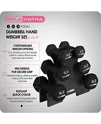 HolaHatha 3, 5 & 8 Pound Hex Dumbbell Hand Weight Set with Storage Rack, Black