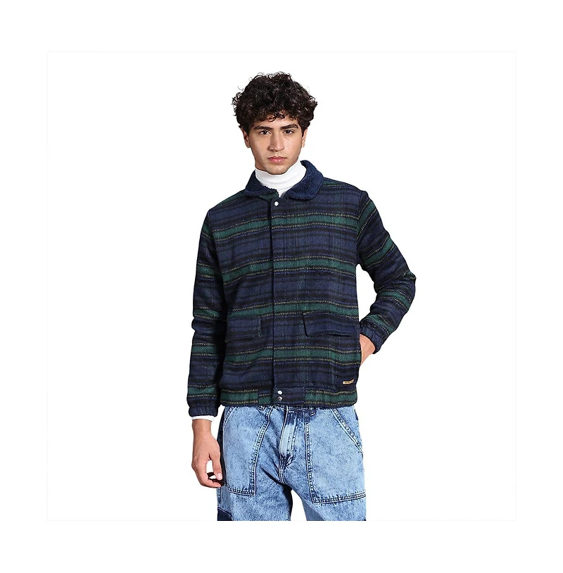 Campus Sutra Men's Navy Blue & Emerald Green Striped-Jacquard Sherpa-Lined Jacket