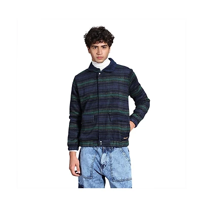 Campus Sutra Men's Navy Blue & Emerald Green Striped-Jacquard Sherpa-Lined Jacket