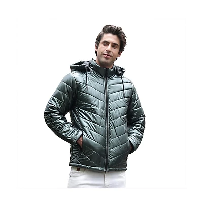 Campus Sutra Men's Seaweed Green Coated Panel-Quilt Puffer Jacket