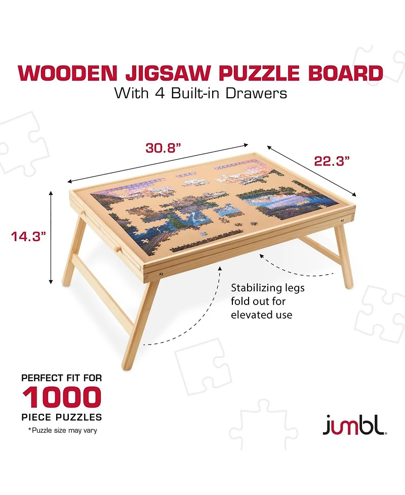 Jumbl 1000-Piece Puzzle Board with Drawers, Foldable Legs & Cover - Wooden Jigsaw Puzzle Table