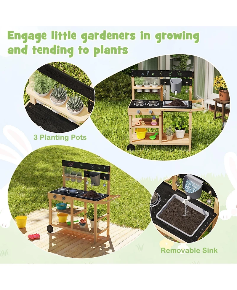 Hongge Kids Outdoor Wooden Mud Kitchen Playset with Faucet Sink Chalkboard and Storage