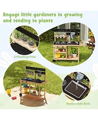 Hongge Kids Outdoor Wooden Mud Kitchen Playset with Faucet Sink Chalkboard and Storage