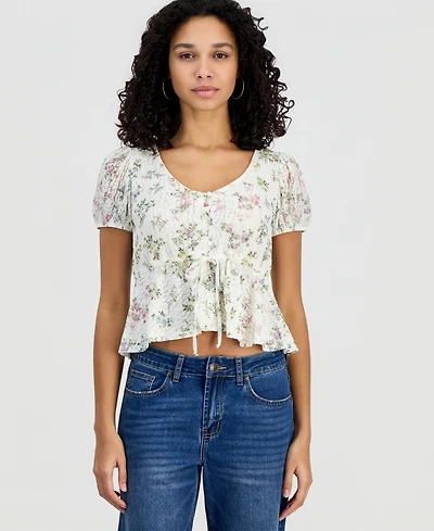 Self Esteem Juniors' Printed Lace Short-Sleeve Babydoll Top