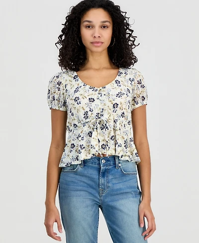 Self Esteem Juniors' Printed Lace Short-Sleeve Babydoll Top