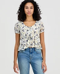 Self Esteem Juniors' Printed Lace Short-Sleeve Babydoll Top