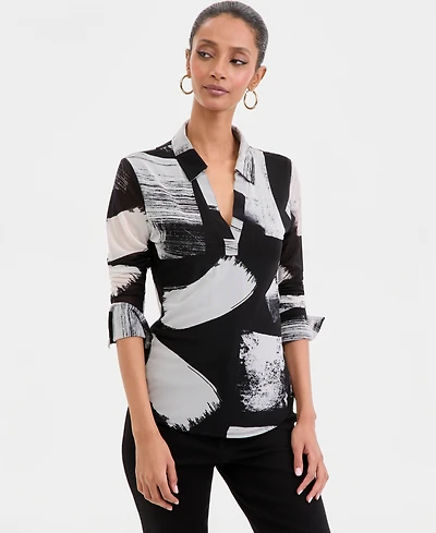 I.n.c. International Concepts Women's Long-Sleeve Printed Mesh Collared Top, Macy's Exclusive