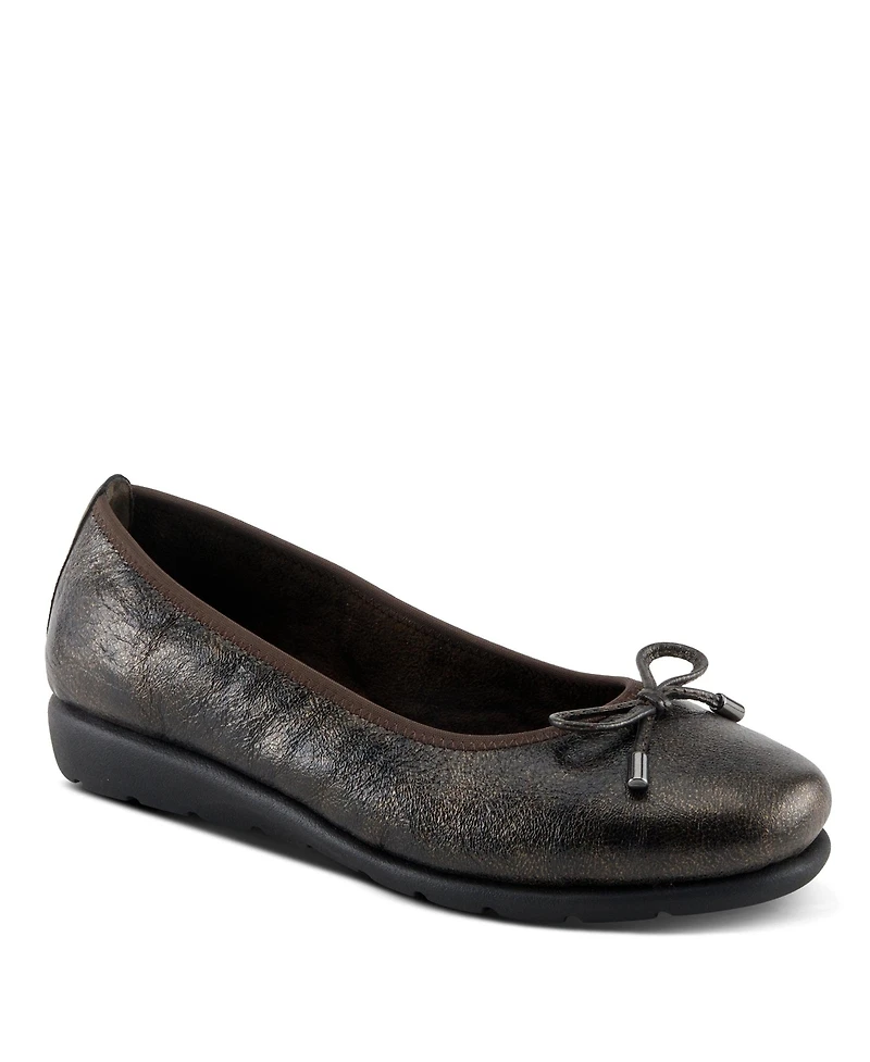 Spring Step Women's Chesser Ballet Flats With Metallic Finish, Feminine Bow, and Removable Insole