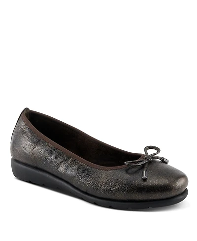 Spring Step Women's Chesser Ballet Flats With Metallic Finish, Feminine Bow, and Removable Insole