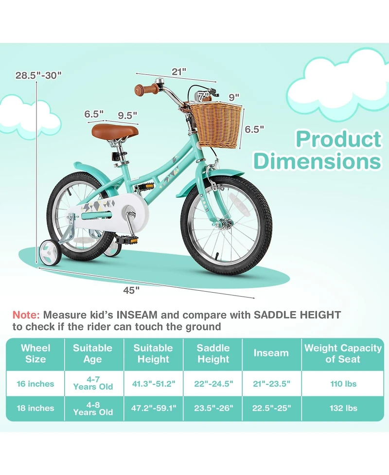 Gymax 16'' Kids Bike w/ Height Adjustable Handlebar Seat Basket Bell Training Wheels