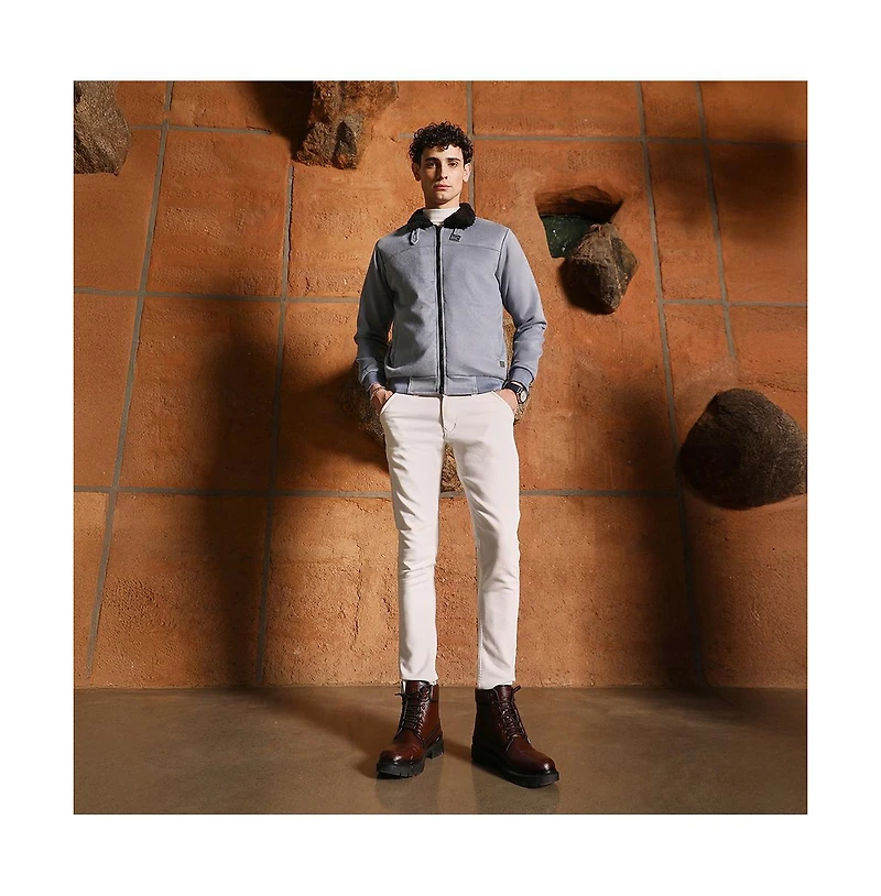 Campus Sutra Men's Coin Grey Contrast Sherpa-Lined Suede Bomber Jacket