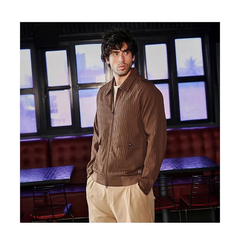 Campus Sutra Men's Chocolate Brown Zip-Front Crease-Tactile Jacket