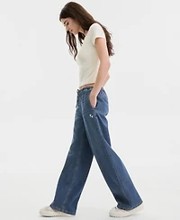 Vanilla Star Juniors' Heart-Embroidered Drawstring Wide-Leg Jeans