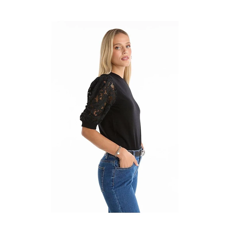 The Noli Shop Women's Sylvie Lace Sleeve Top - Black