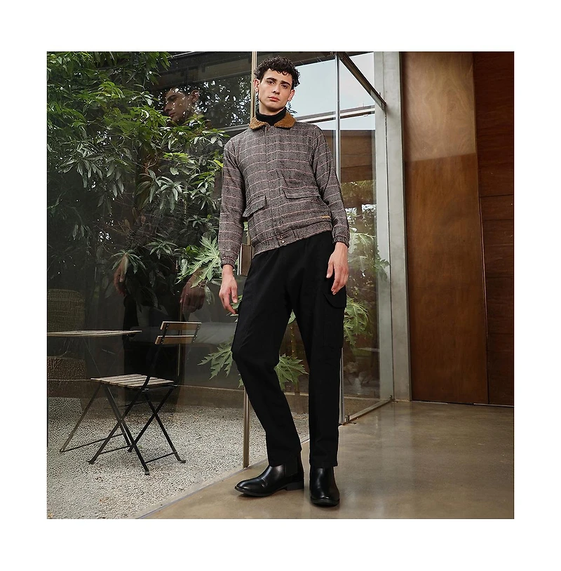 Campus Sutra Men's Midnight Black & Cream White Chevron-Jacquard Sherpa-Lined Jacket