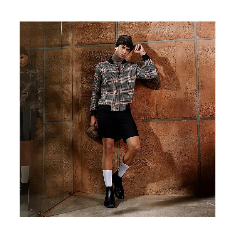 Campus Sutra Men's Midnight Black & Chocolate Brown Tartan-Plaid Bomber Jacket