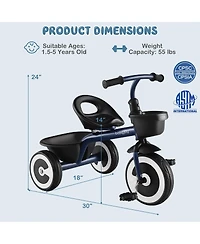 Sugift Toddler Tricycle with Adjustable Seat and Storage Baskets for 1.5-5 Years Old-Navy
