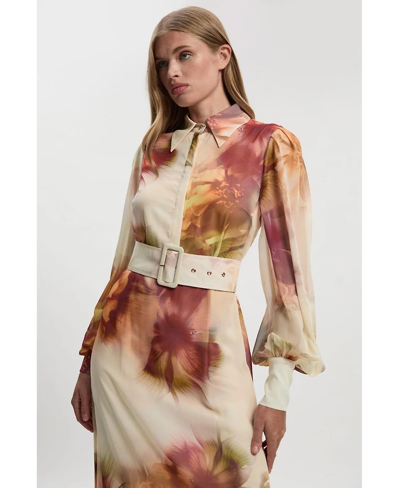 Karen Millen Women's 's Floral Belted Woven Shirt Dress
