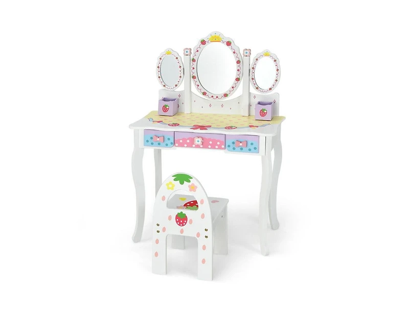 Boyel Living Kids Vanity Princess Makeup Dressing Table Chair Set with Tri-fold Mirror, White